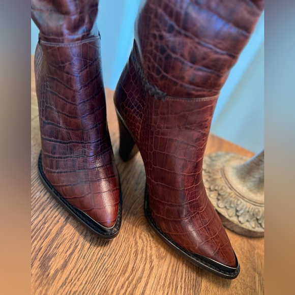 Free People Brown Croc-Embossed Knee-High Boots - Picture 4 of 11